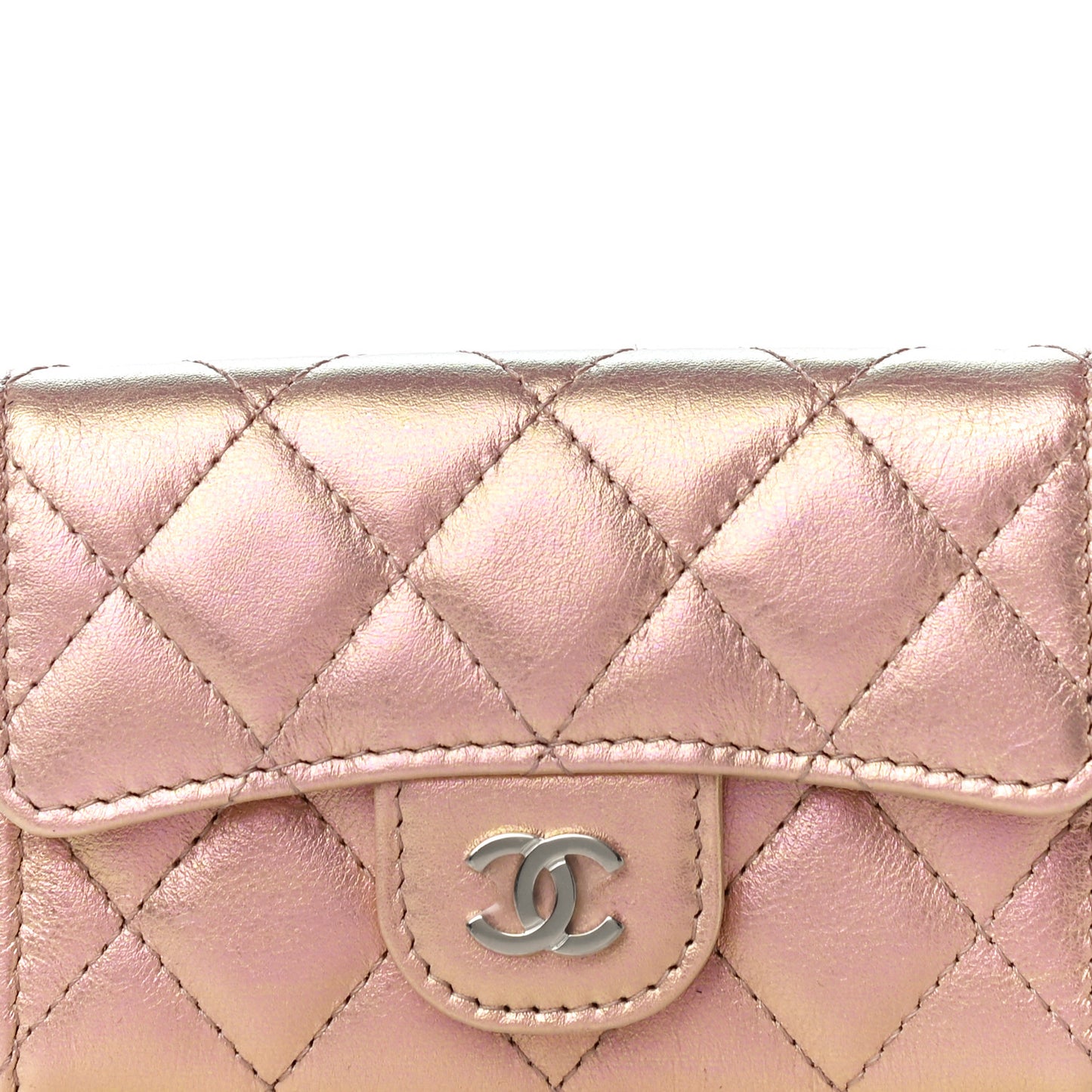 Iridescent Calfskin Quilted Flap Card Holder Wallet Pink