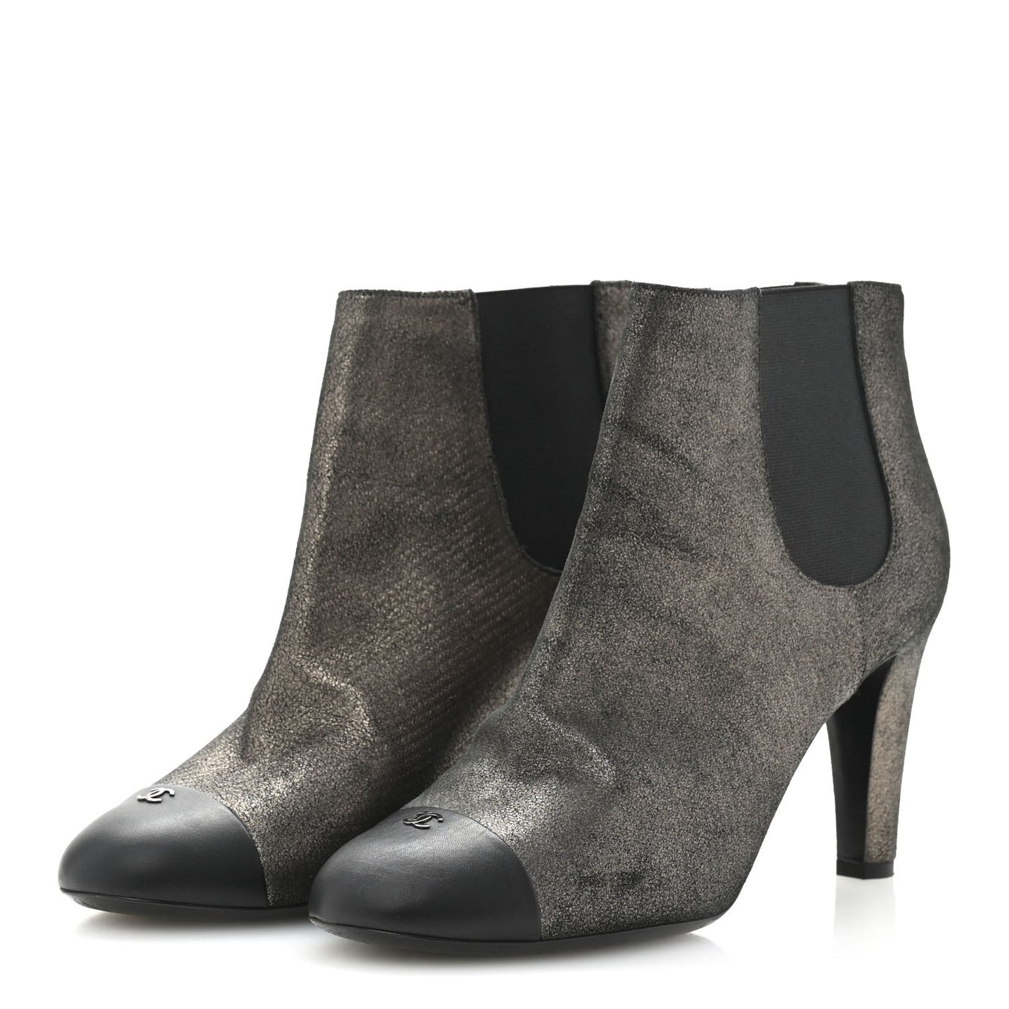 Embossed Lambskin Calfskin CC Cap Toe Ankle Boots 40 Argent Fonce Black