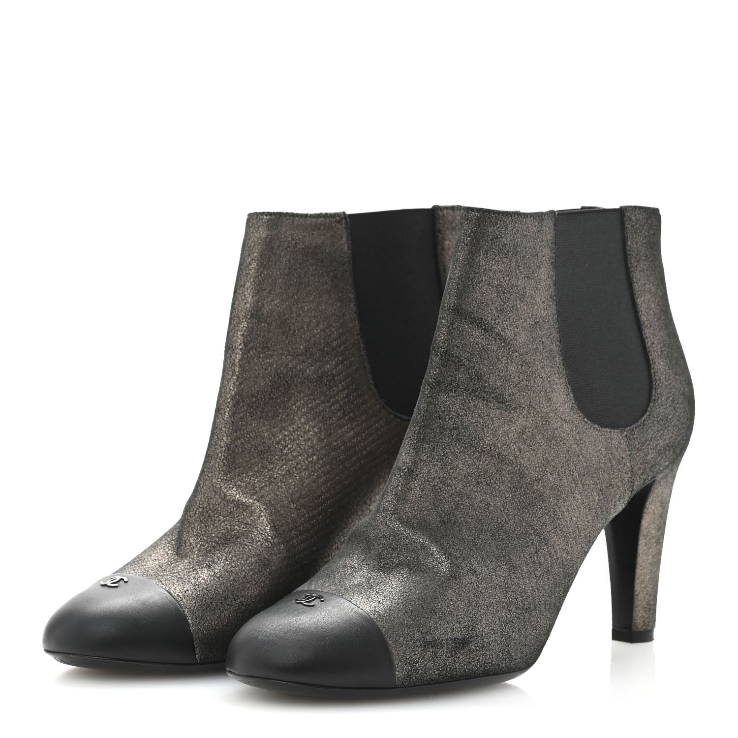 Chanel Embossed Lambskin Calfskin CC Cap Toe Ankle Boots 40 Argent Fonce Black 4 of 10