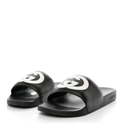 Gucci Nappa Miro Soft Calfskin Interlocking G Mens Slide Sandals 9 Black White 3 of 10