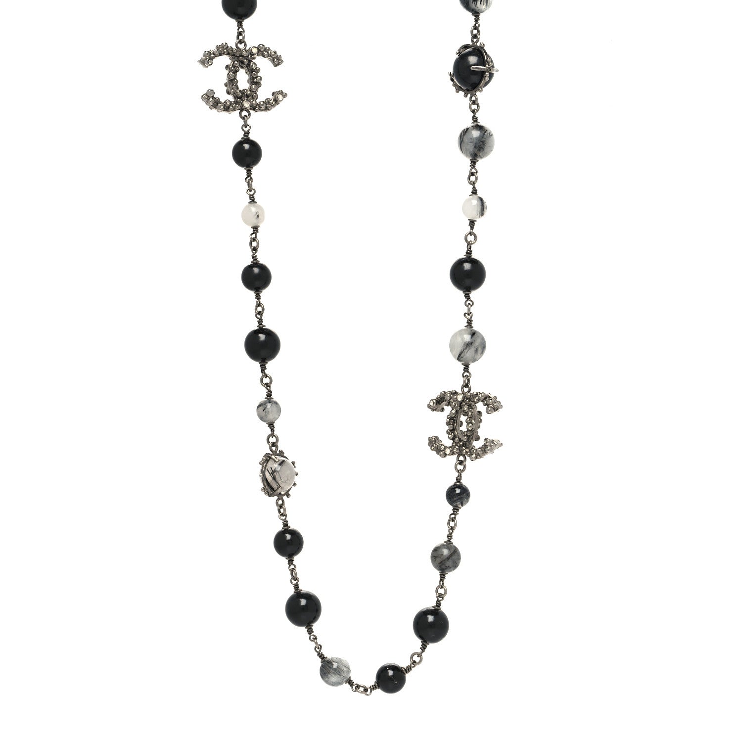 Chanel Pearl Beaded CC Long Necklace Silver Black 1 of 5
