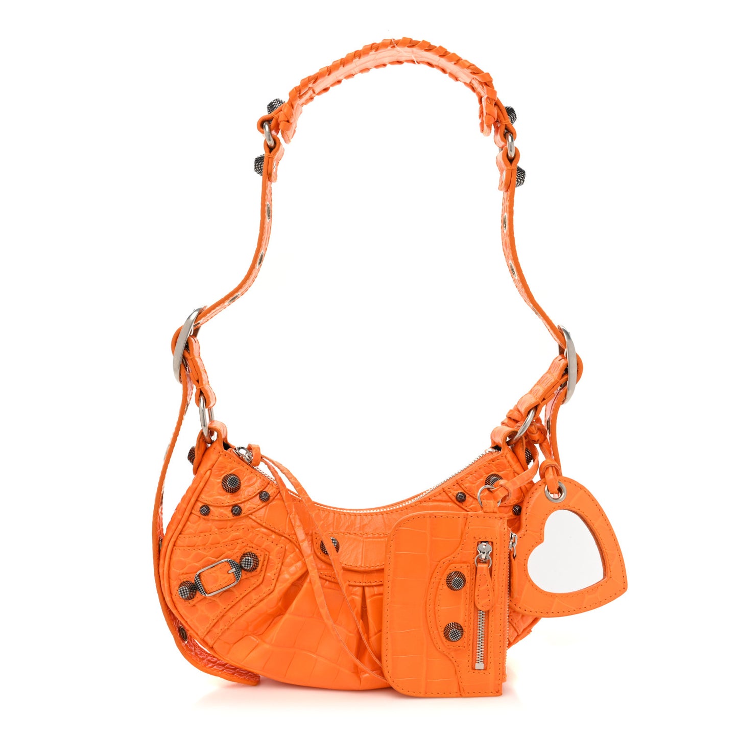 Extra Supple Calfskin Crocodile Embossed Le Cagole Shoulder Bag XS Pop Orange