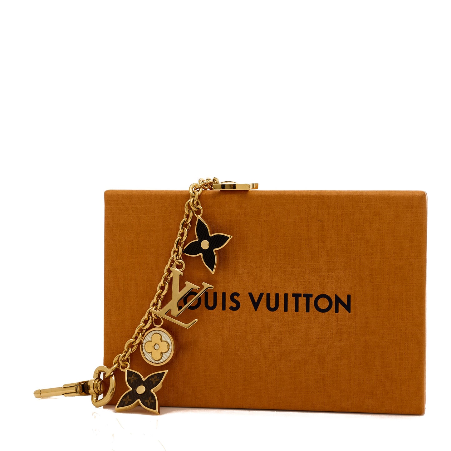 Brass Enamel Fleur De Monogram Bag Charm Chain Gold
