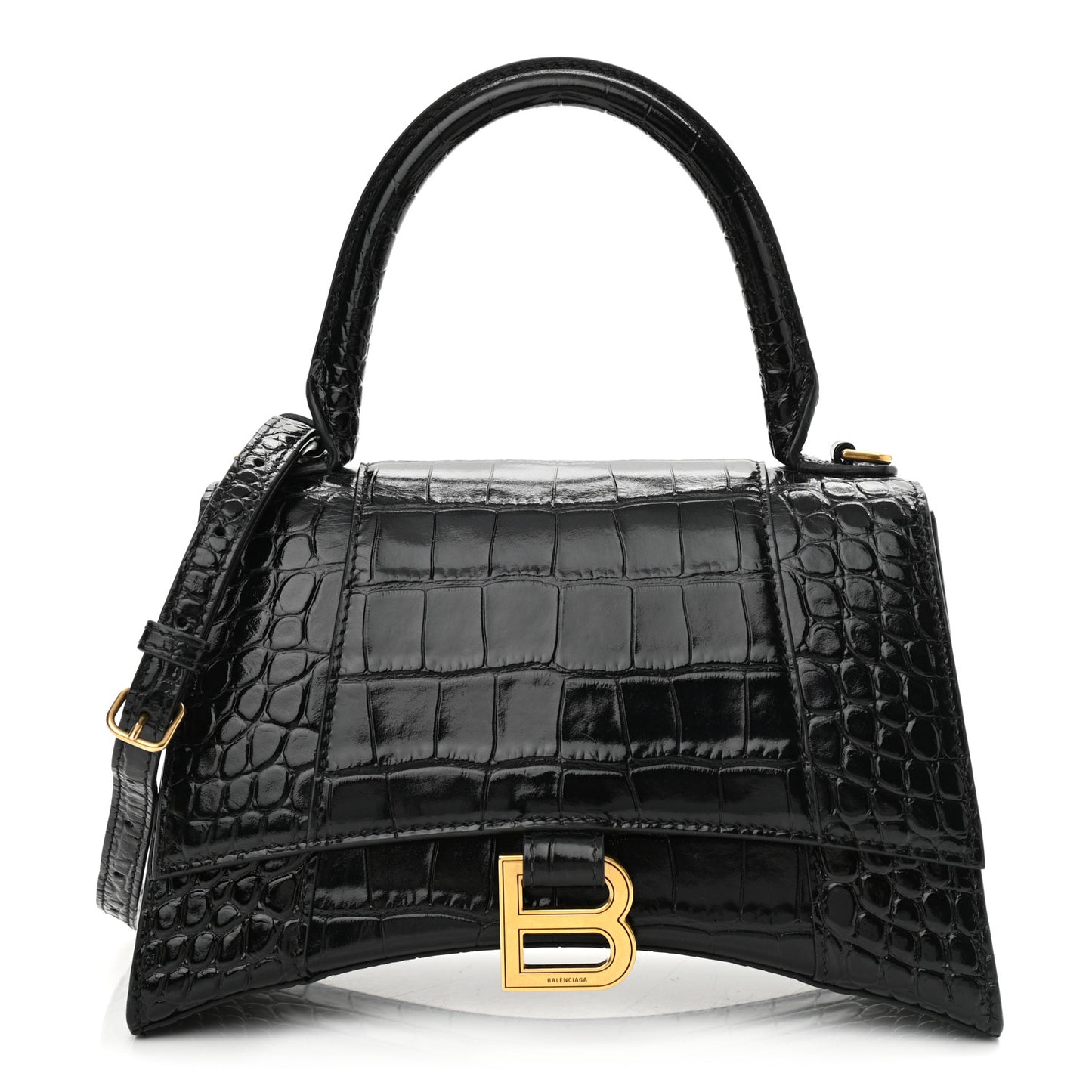 Shiny Calfskin Crocodile Embossed Small Hourglass Top Handle Bag Black