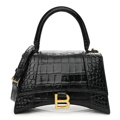 Balenciaga Shiny Calfskin Crocodile Embossed Small Hourglass Top Handle Bag Black 1 of 12