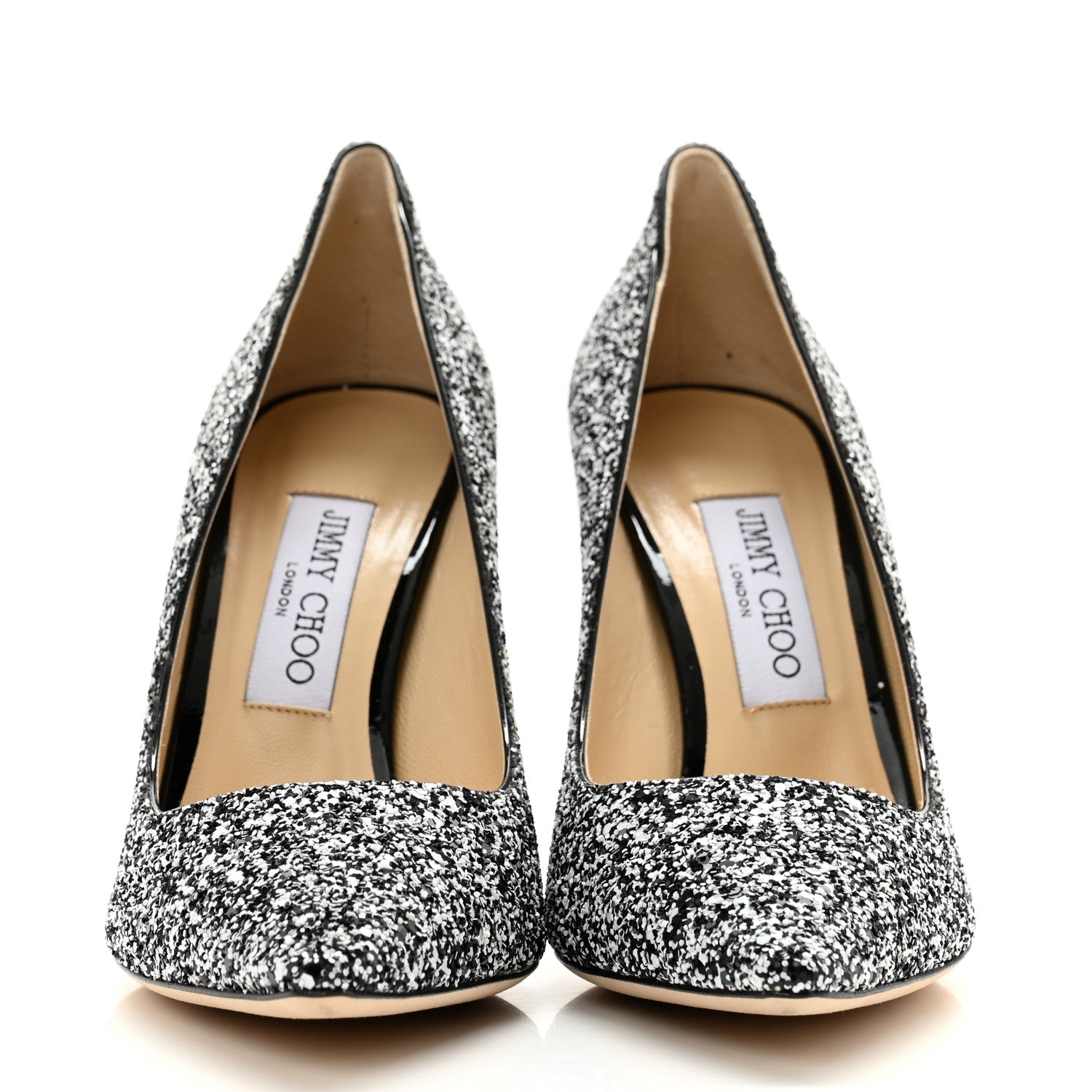 Jimmy Choo Coarse Glitter Pointy Toe Romy 100 Pumps 38.5 Black White 2 of 8