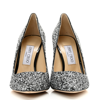 Jimmy Choo Coarse Glitter Pointy Toe Romy 100 Pumps 38.5 Black White 2 of 8
