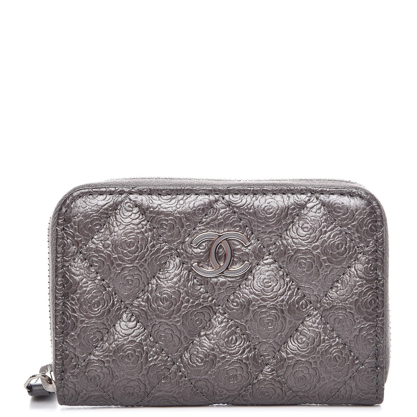 Metallic Calfskin Camellia Embossed Zip Coin Purse Grey
