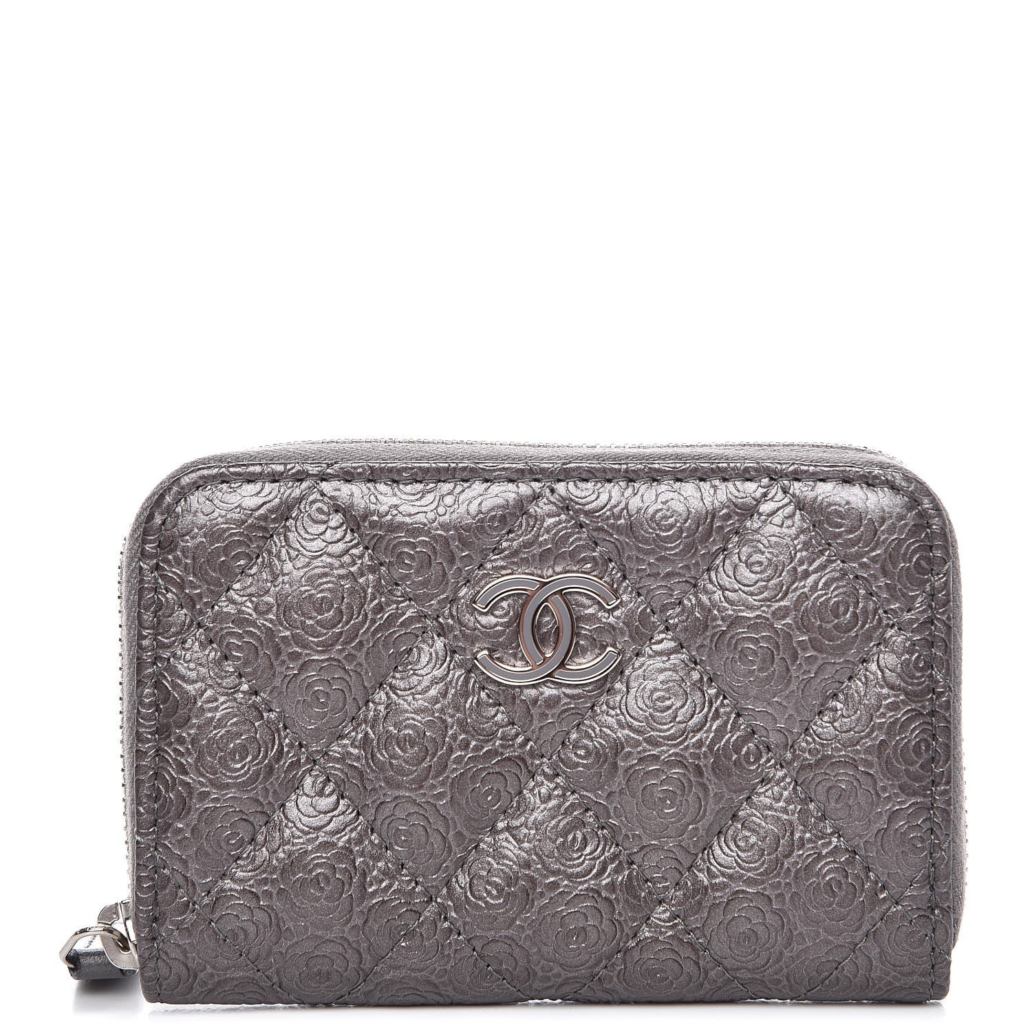 Chanel Metallic Calfskin Camellia Embossed Zip Coin Purse Grey 1 of 7