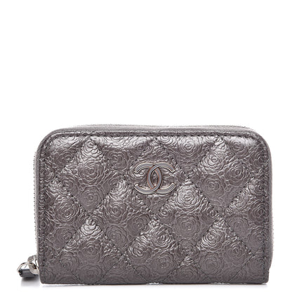 Chanel Metallic Calfskin Camellia Embossed Zip Coin Purse Grey 1 of 7