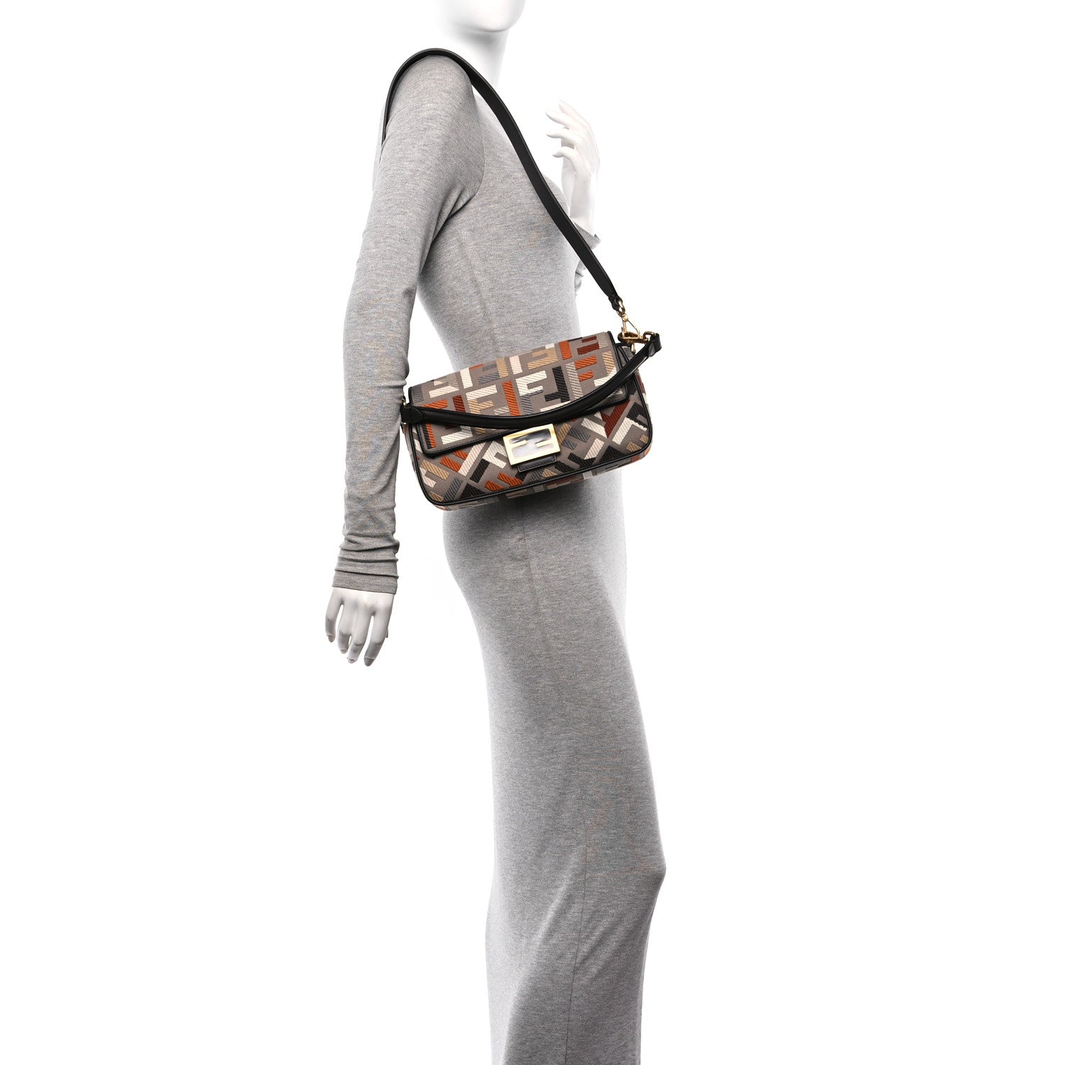 Fendi Canvas Vitello King FF Embroidered Baguette Tartufo Ebano 2 of 12