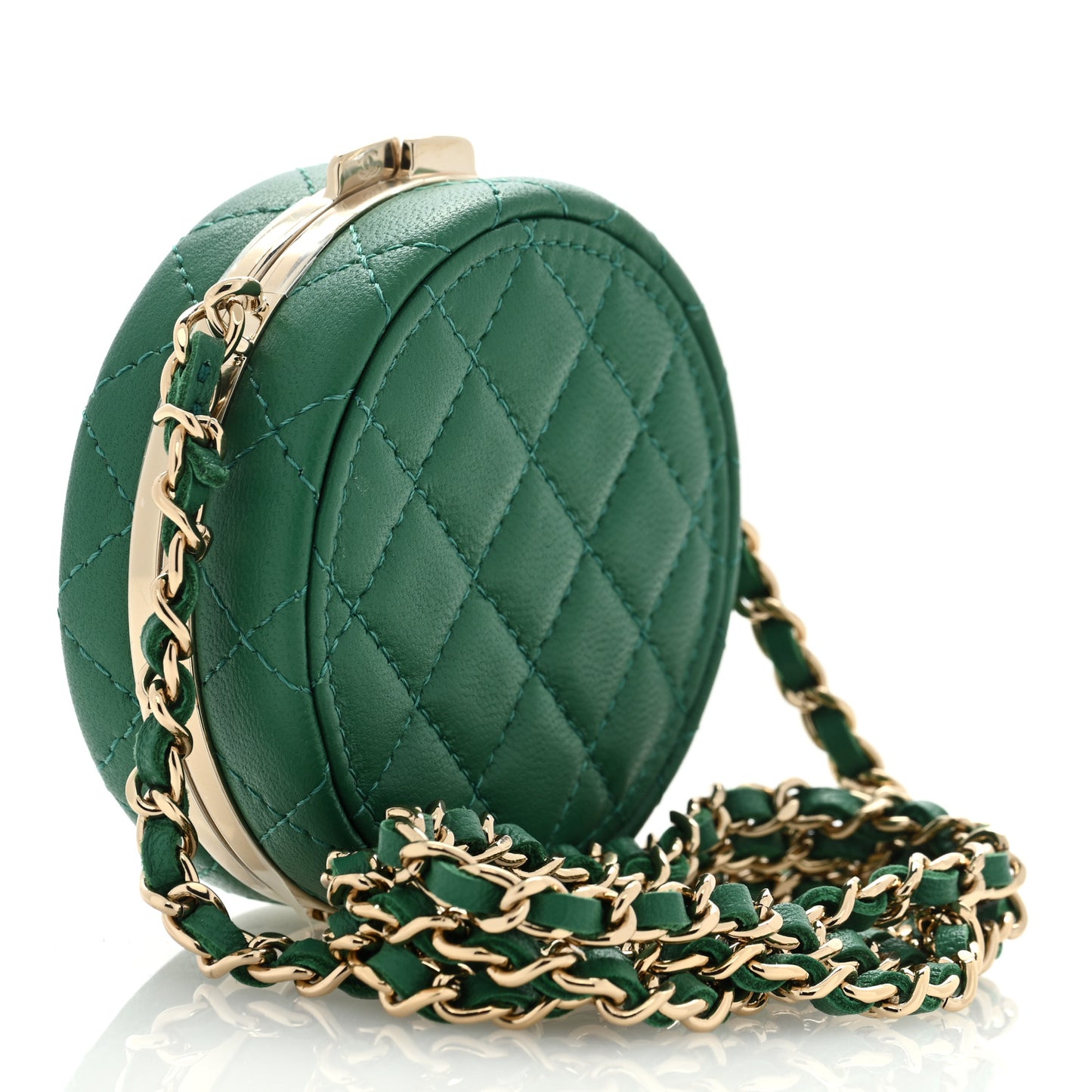 Lambskin Enamel Quilted Round Poker Chip Clutch With Chain Green White