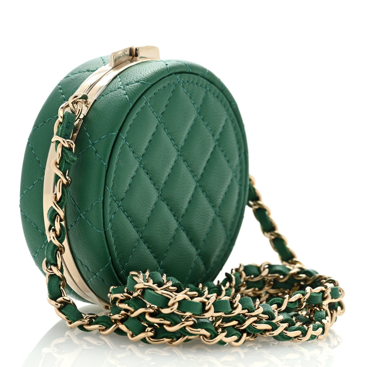 Chanel Lambskin Enamel Quilted Round Poker Chip Clutch With Chain Green White 3 of 8