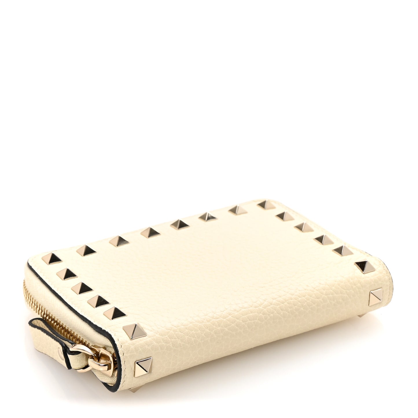 Pebbled Calfskin Rockstud Compact Zip Around Wallet Light Ivory