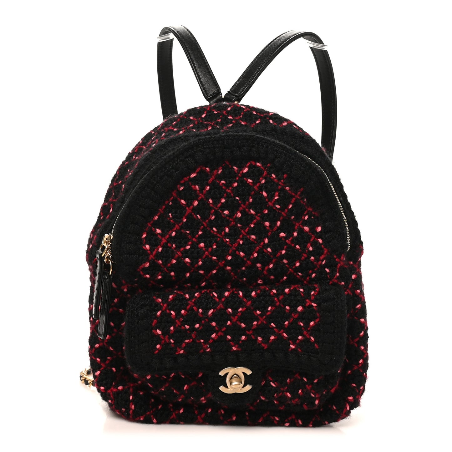 Tweed Front Pocket Backpack Black Pink
