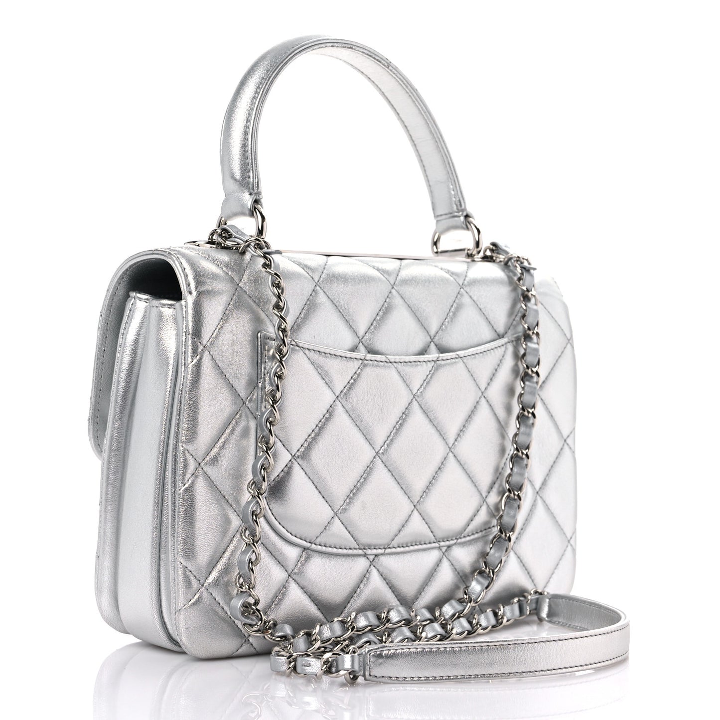 Metallic Lambskin Quilted Small Trendy CC Flap Dual Handle Bag Silver