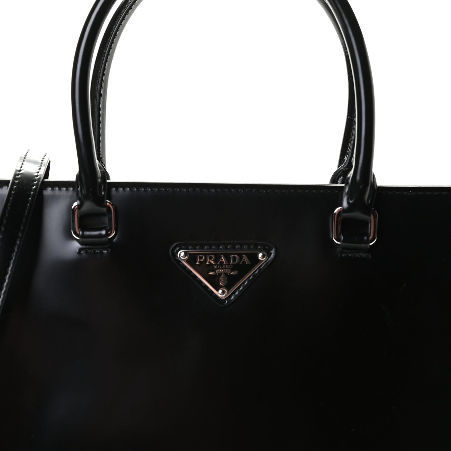 Spazzolato Metal Triangle Logo Double Handle Crossbody Tote Black