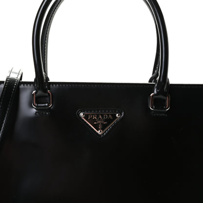 Prada Spazzolato Metal Triangle Logo Double Handle Crossbody Tote Black 6 of 10