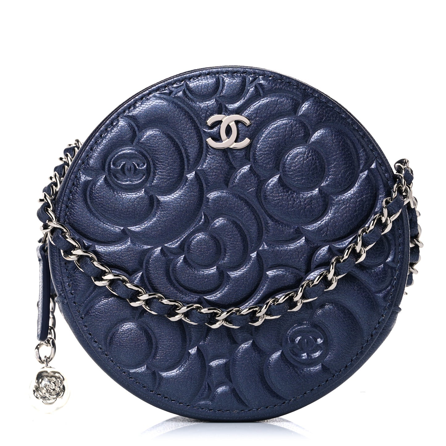 Goatskin Camellia Embossed Round Clutch With Chain Dark Blue