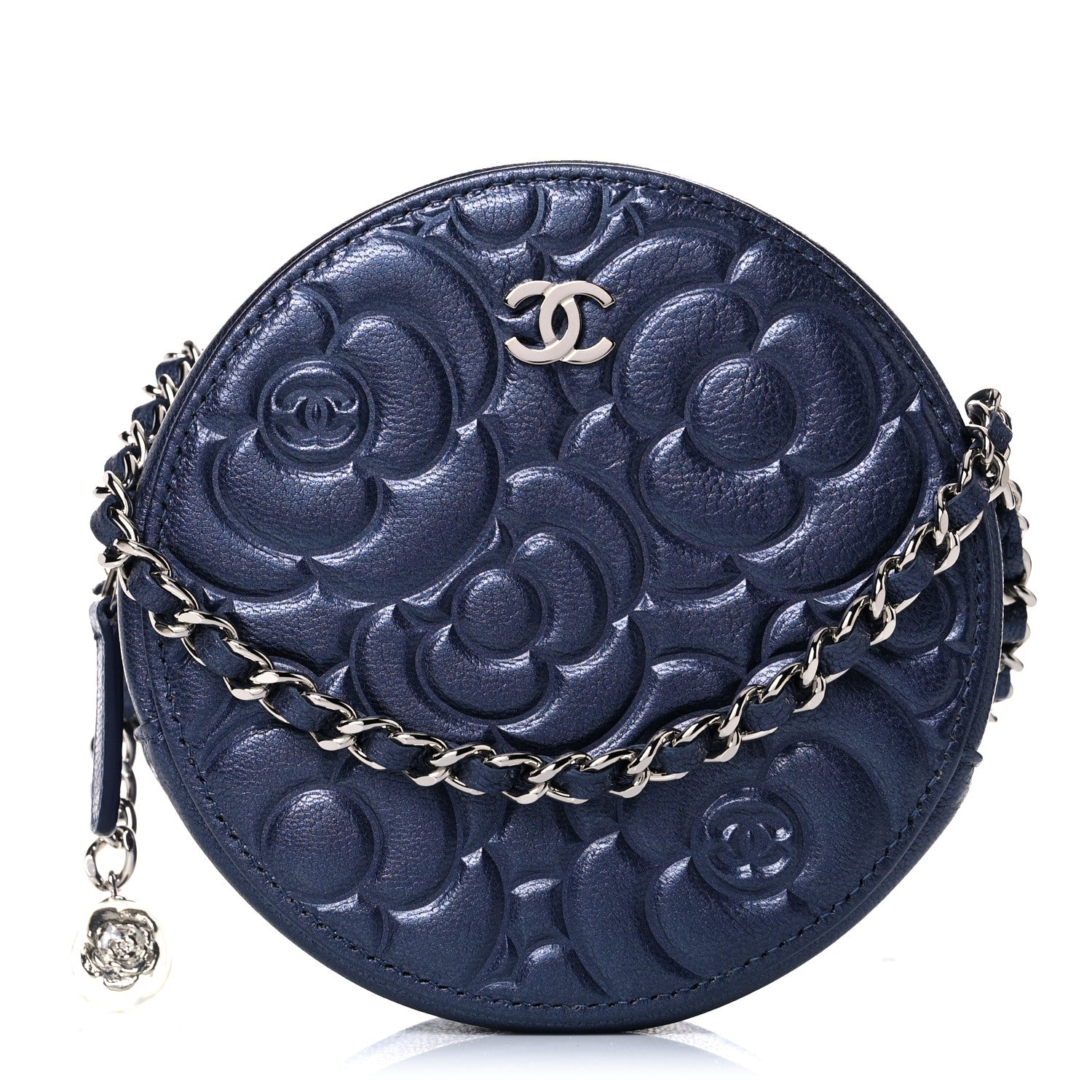 Chanel Goatskin Camellia Embossed Round Clutch With Chain Dark Blue 1 of 10