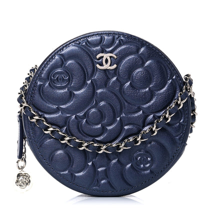 Chanel Goatskin Camellia Embossed Round Clutch With Chain Dark Blue 1 of 10
