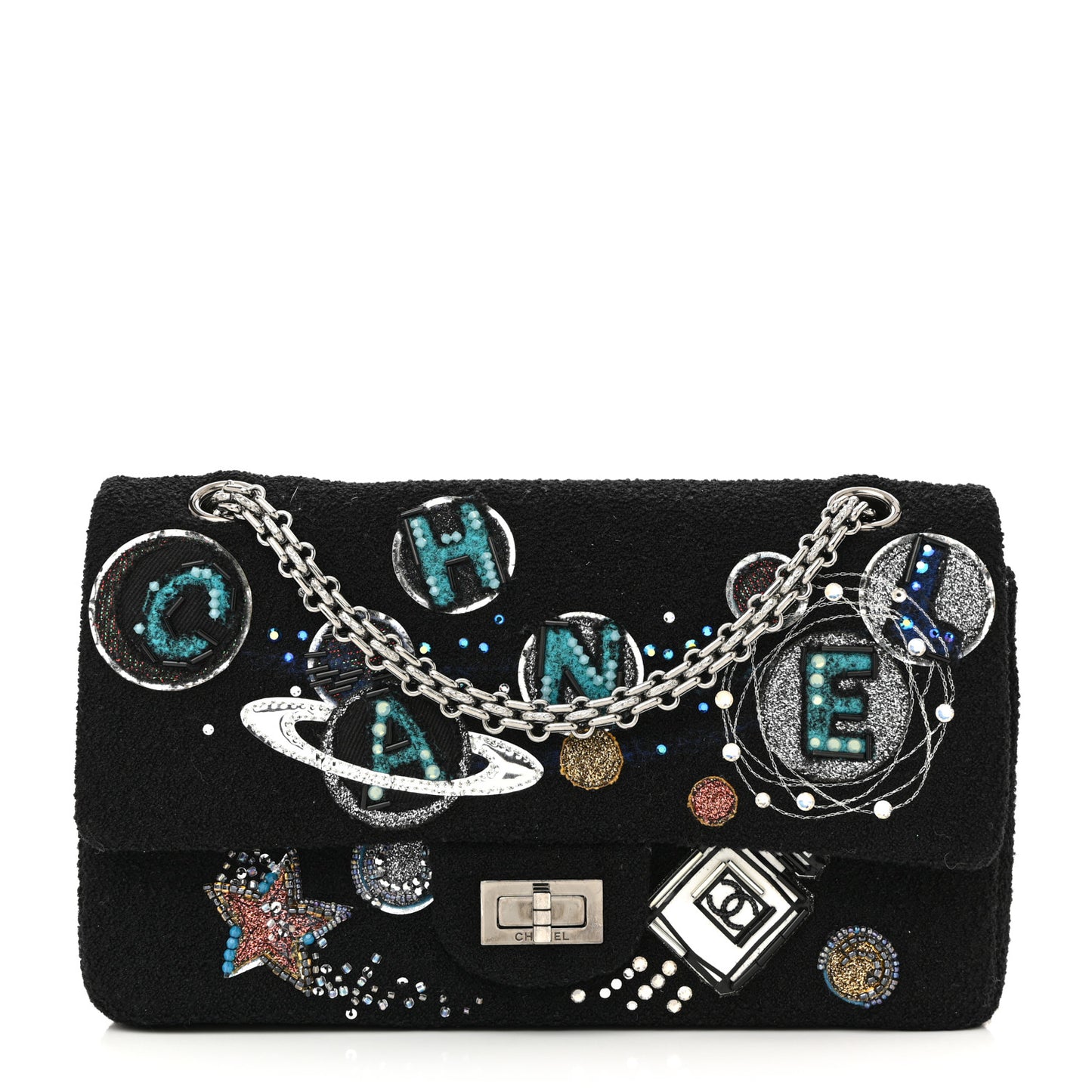 Boucle Tweed Crystal Bead Embellished Space Charms 2.55 Reissue 225 Flap Black Multicolor