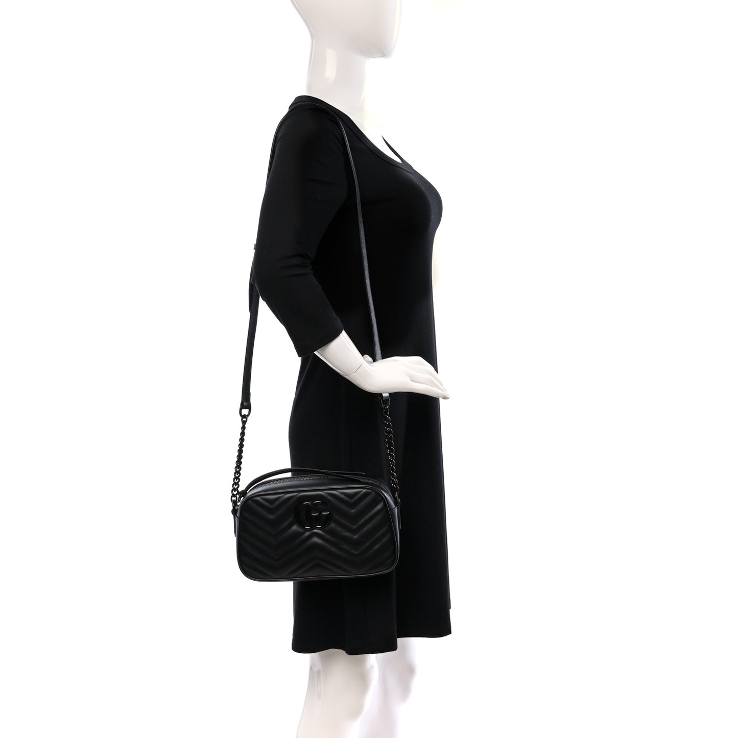 Calfskin Matelasse Monochrome Small GG Marmont Chain Shoulder Bag Black