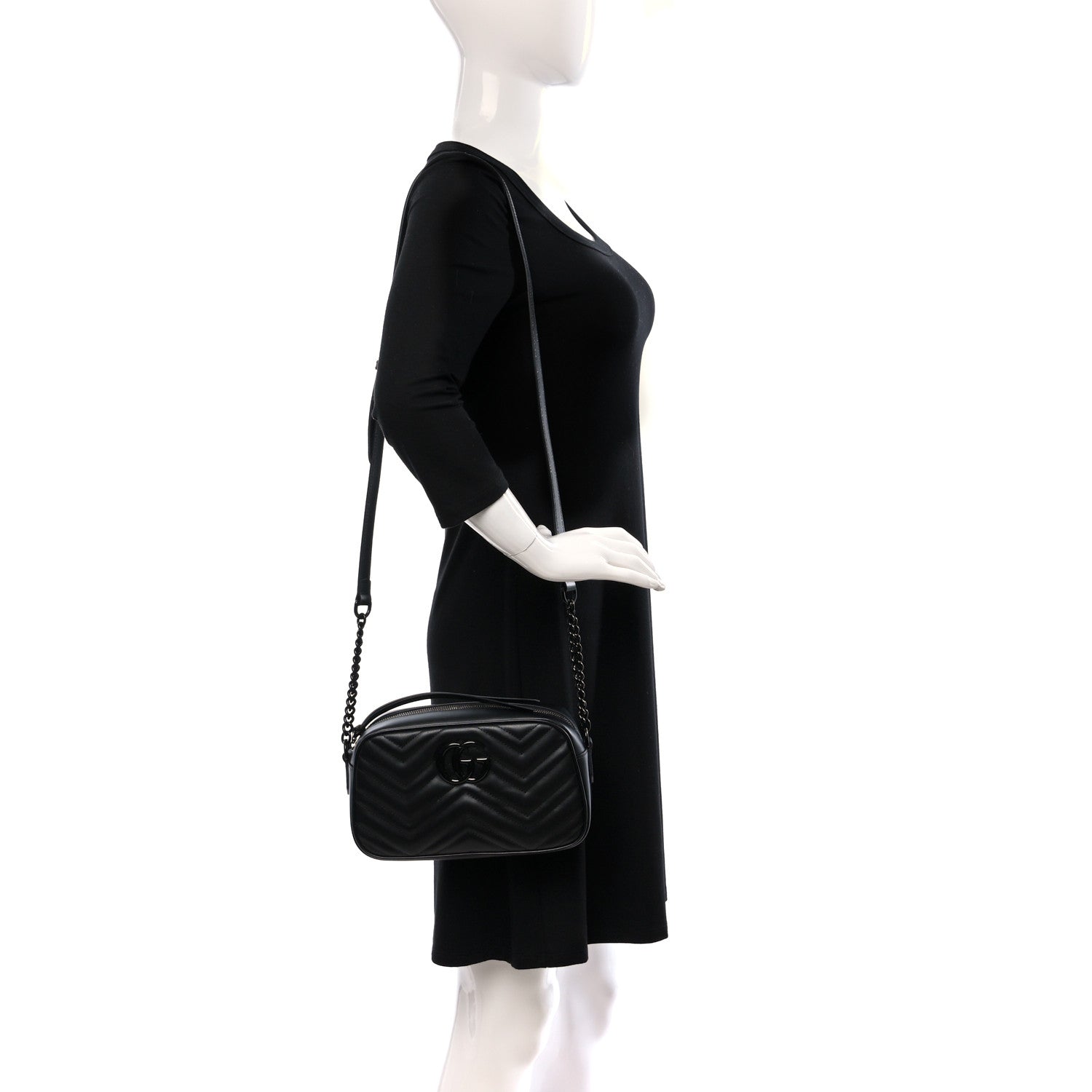 Gucci Calfskin Matelasse Monochrome Small GG Marmont Chain Shoulder Bag Black 2 of 8