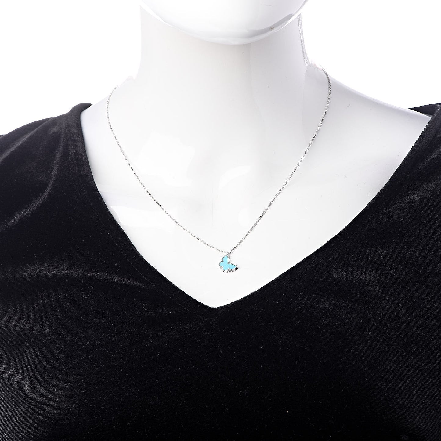 18K White Gold Turquoise Sweet Alhambra Butterfly Pendant Necklace