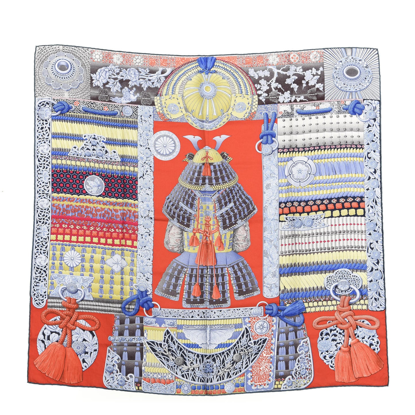 Silk Parures de Samourais Scarf 90 Rouge Bleu Moutarde