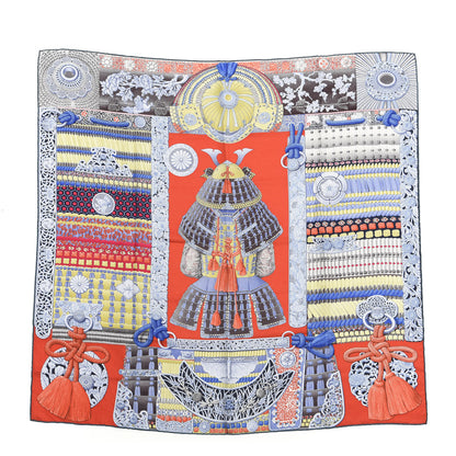 Hermes Silk Parures de Samourais Scarf 90 Rouge Bleu Moutarde 1 of 4