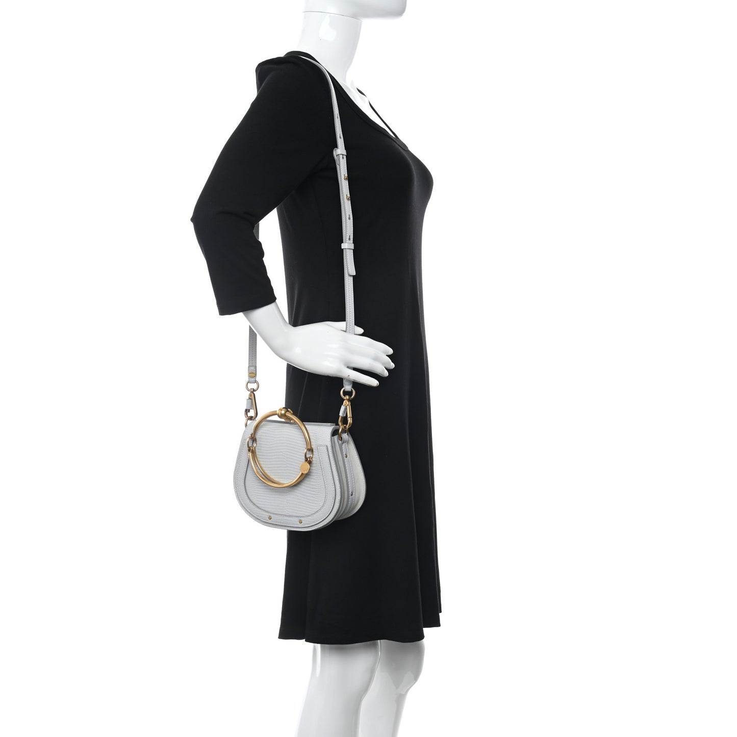 Calfskin Suede Lizard Embossed Small Nile Bracelet Bag Light Cloud