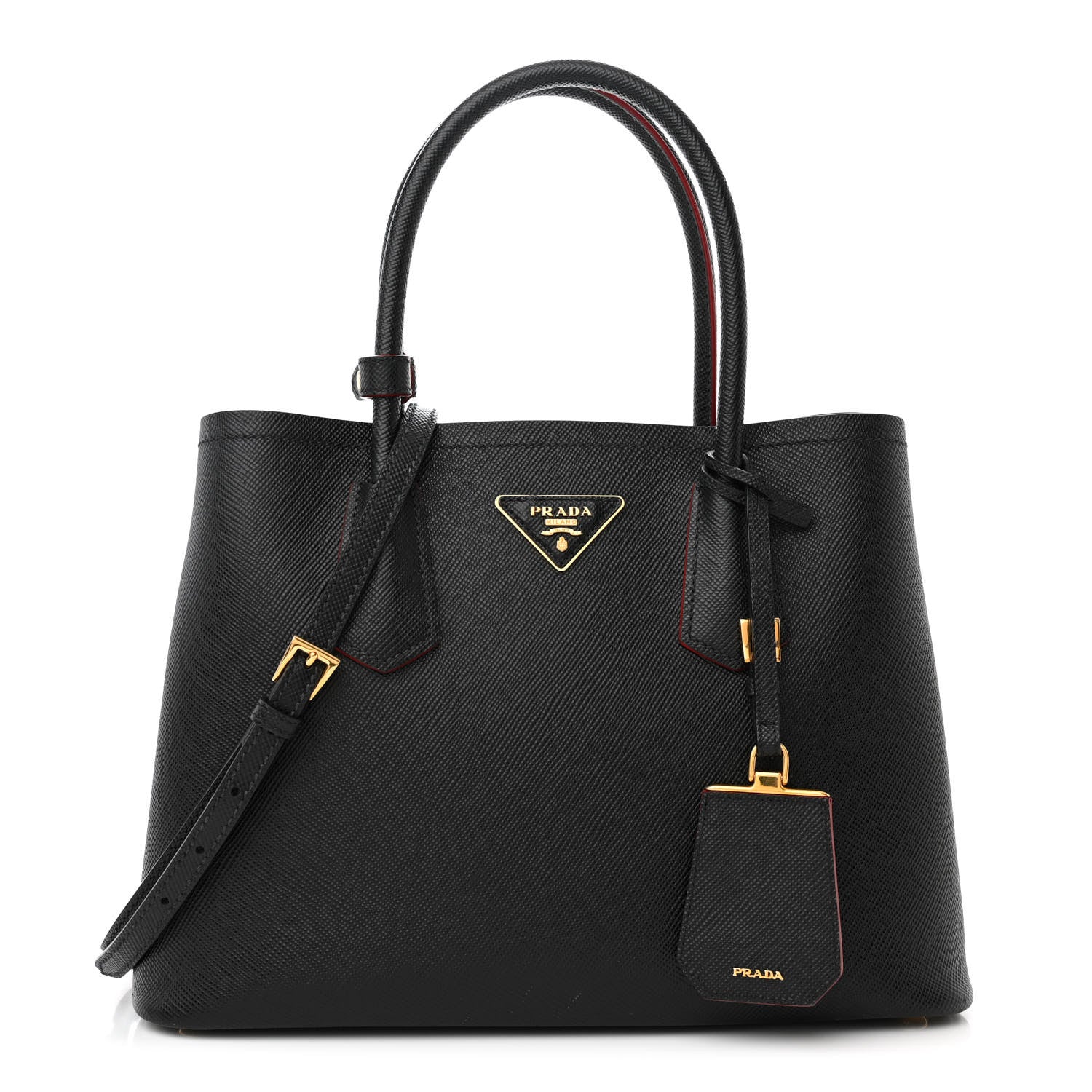 Prada Saffiano Cuir Small Double Bag Black Fuoco 1 of 9