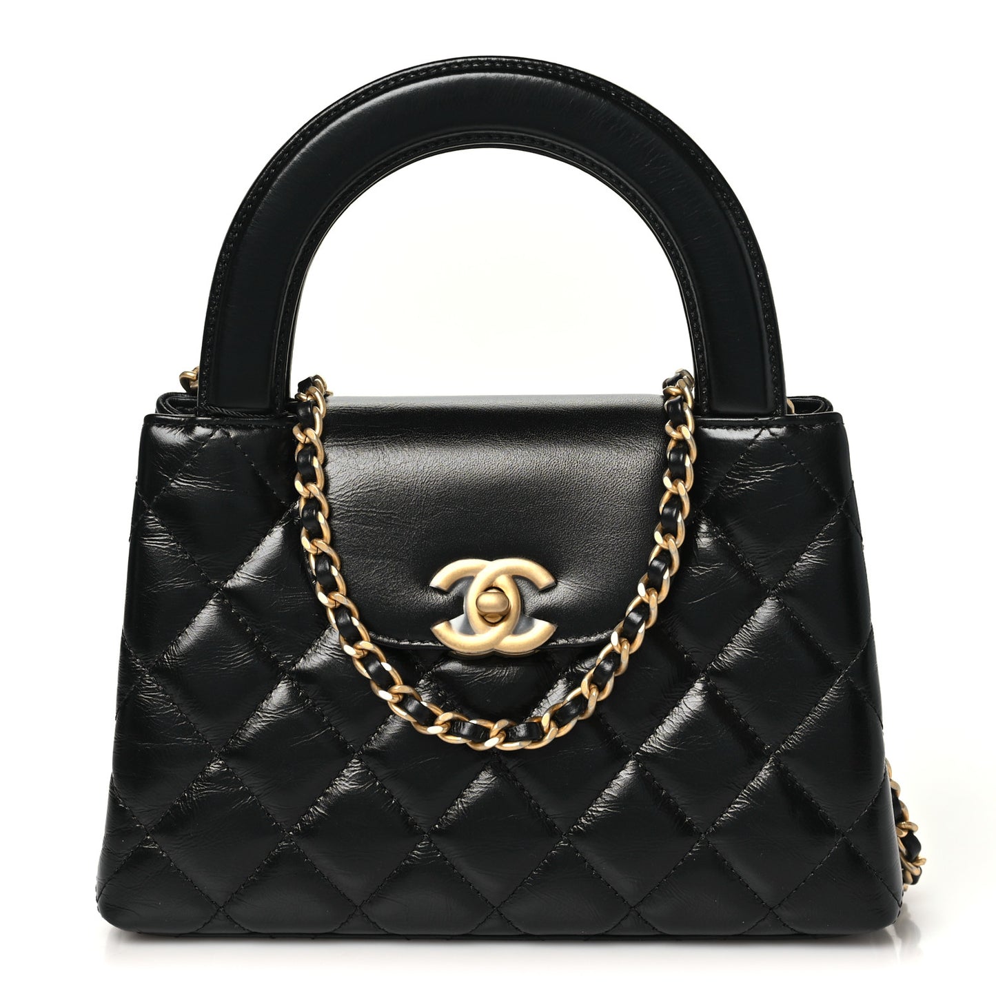 Shiny Aged Calfskin Quilted Nano Kelly Shopper Black