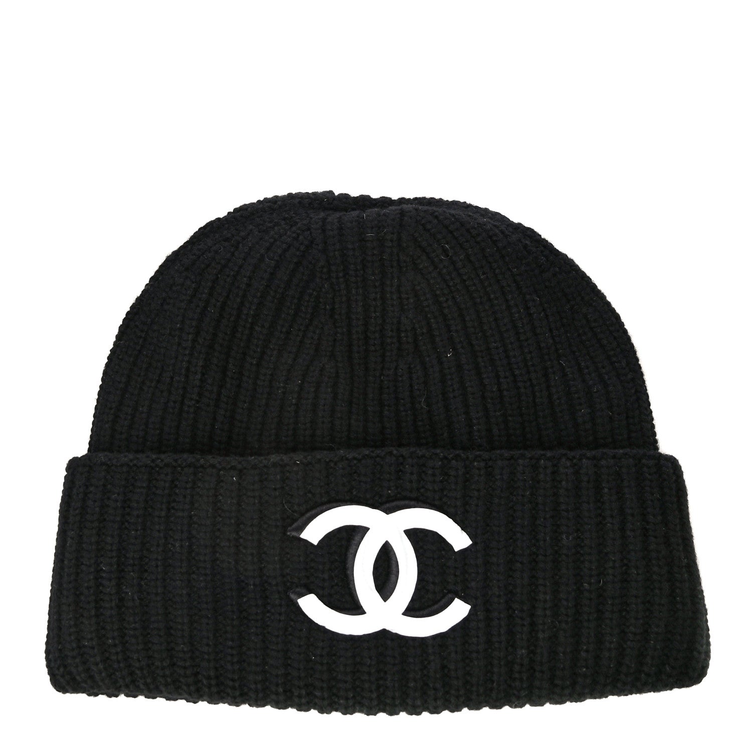Chanel Wool Cashmere CC Beanie Hat Black White 1 of 8