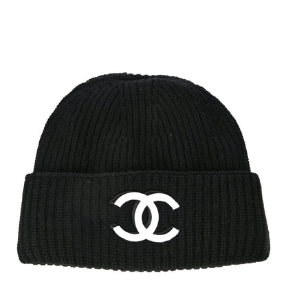 Chanel Wool Cashmere CC Beanie Hat Black White 1 of 8