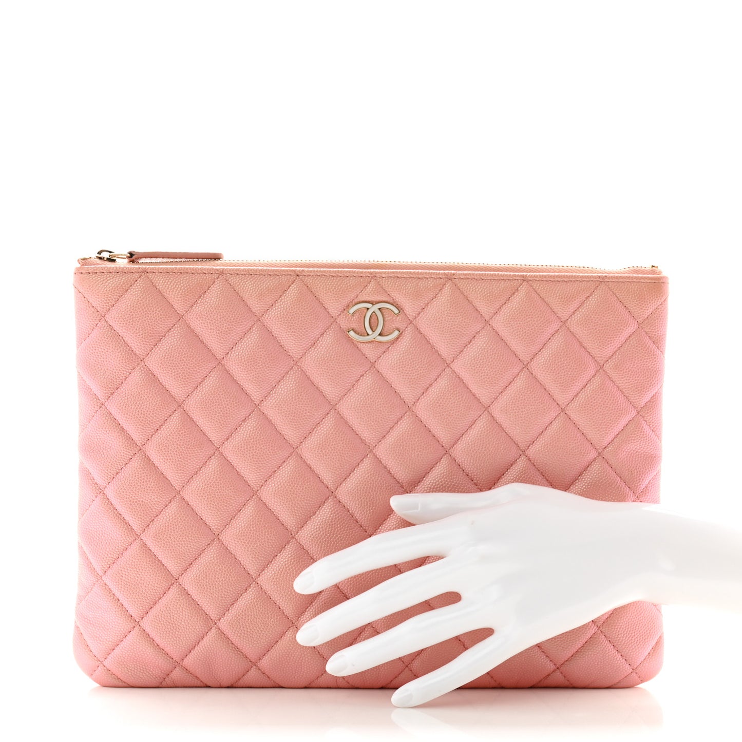 Iridescent Caviar Quilted Medium Cosmetic Case Rose Pink