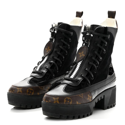 Louis Vuitton Suede Calfskin Monogram Zip Up Laureate Platform Desert Boots 37 Black 4 of 10