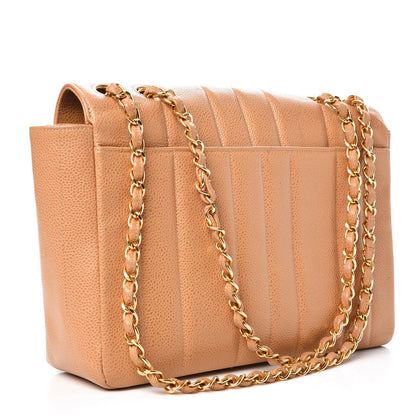 Chanel Caviar Vertical Quilted Jumbo Single Flap Beige 3 of 10