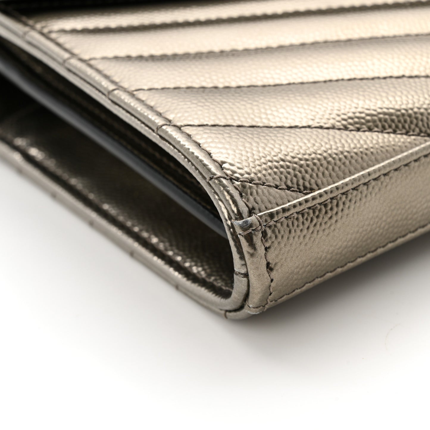 Metallic Grain De Poudre Matelasse Chevron Monogram Chain Wallet Piombo