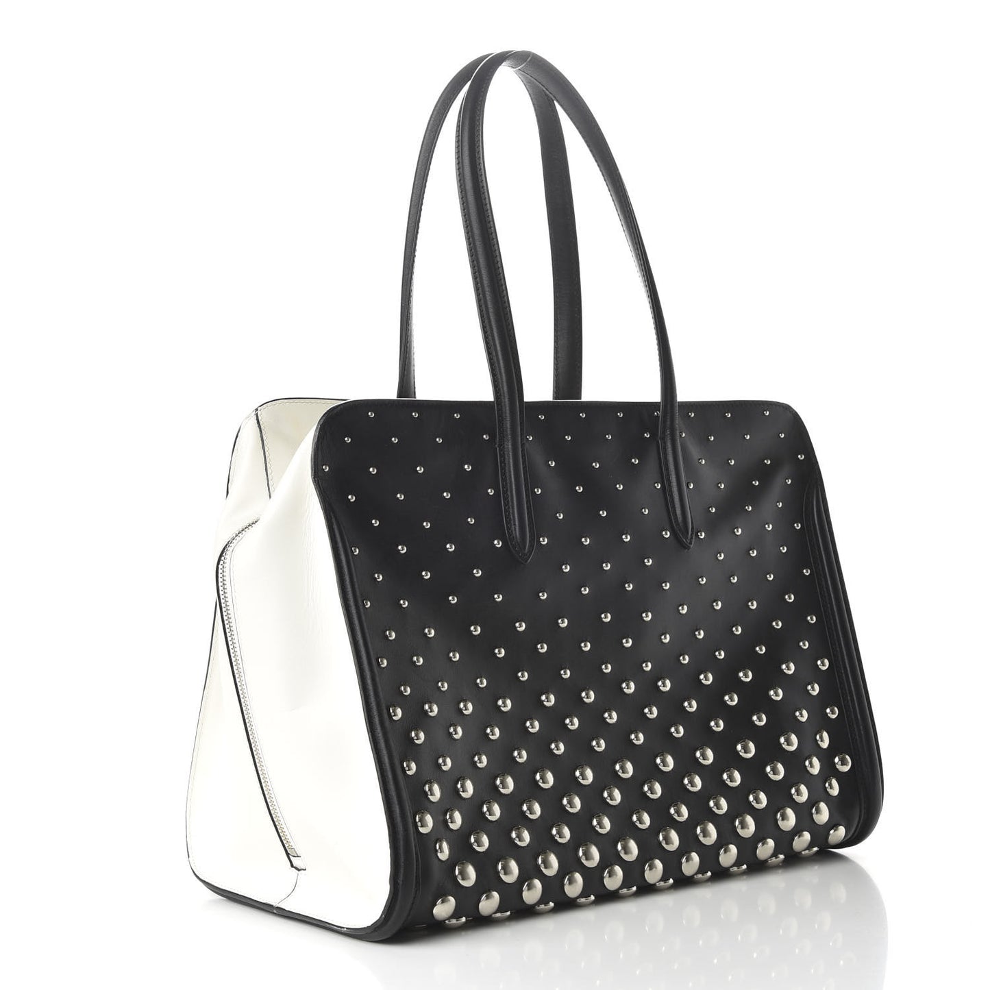 Calfskin Large Studded Padlock Zip Around Tote Black White