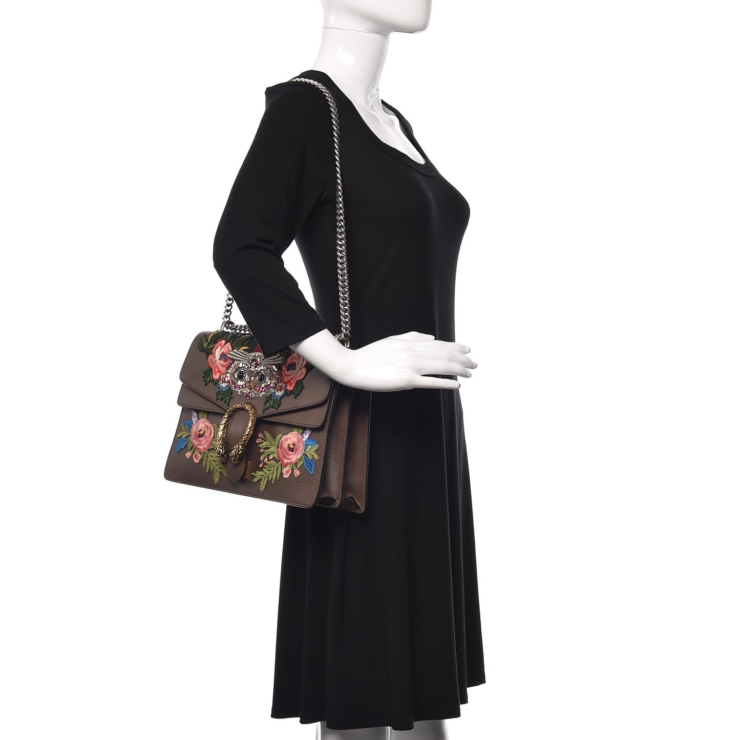 Calfskin Web Owl Embroidered Medium Dionysus Shoulder Bag New Acero Multicolor