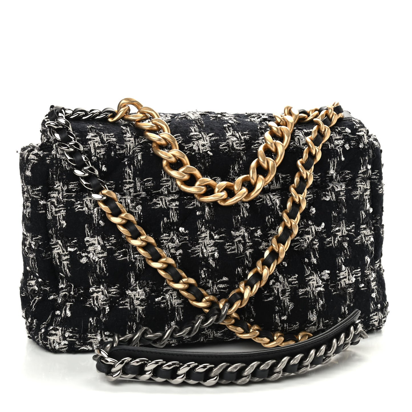 Tweed Quilted Large Chanel 19 Flap Black Silver Ecru