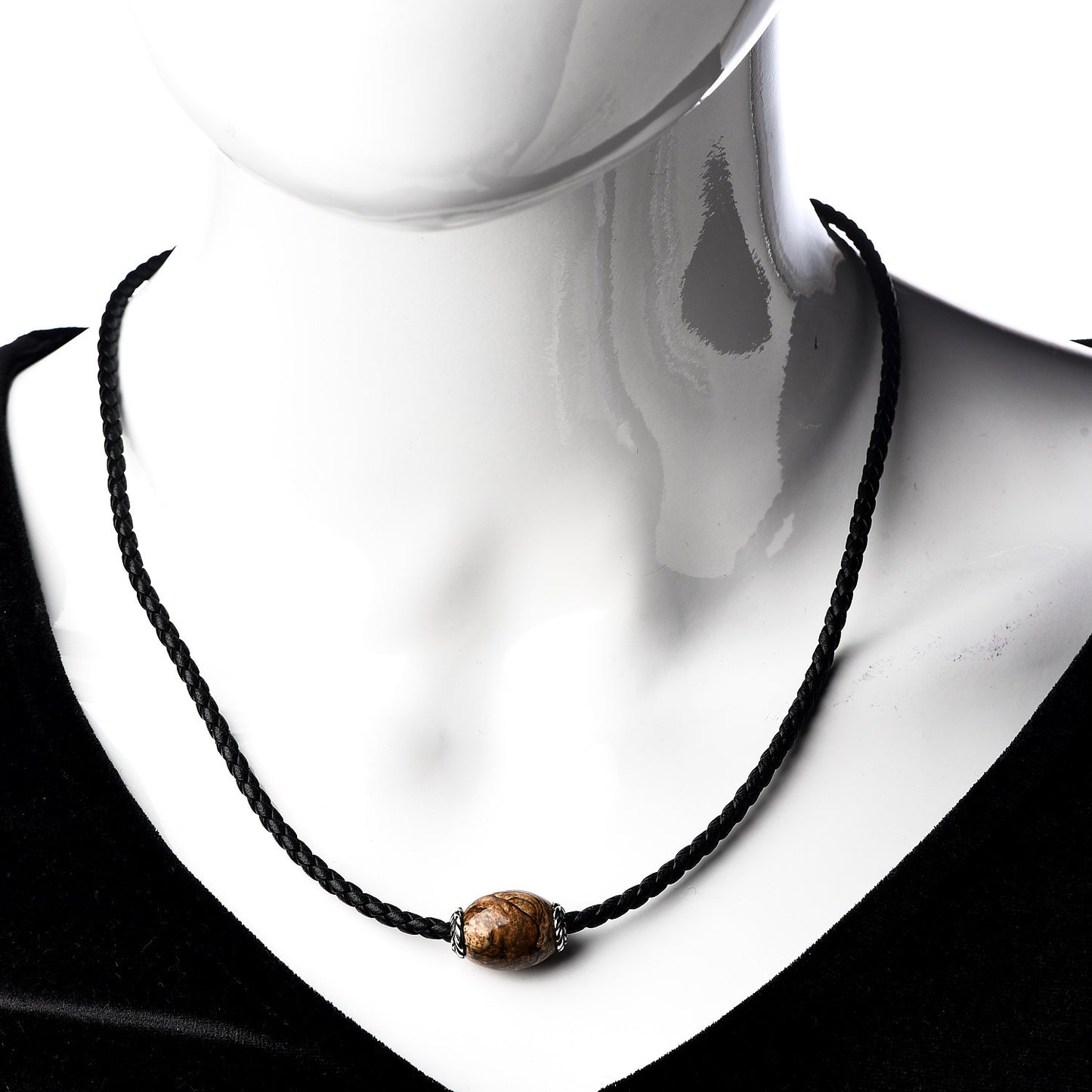 Calfskin Sterling Silver Jasper Mens Cord Necklace