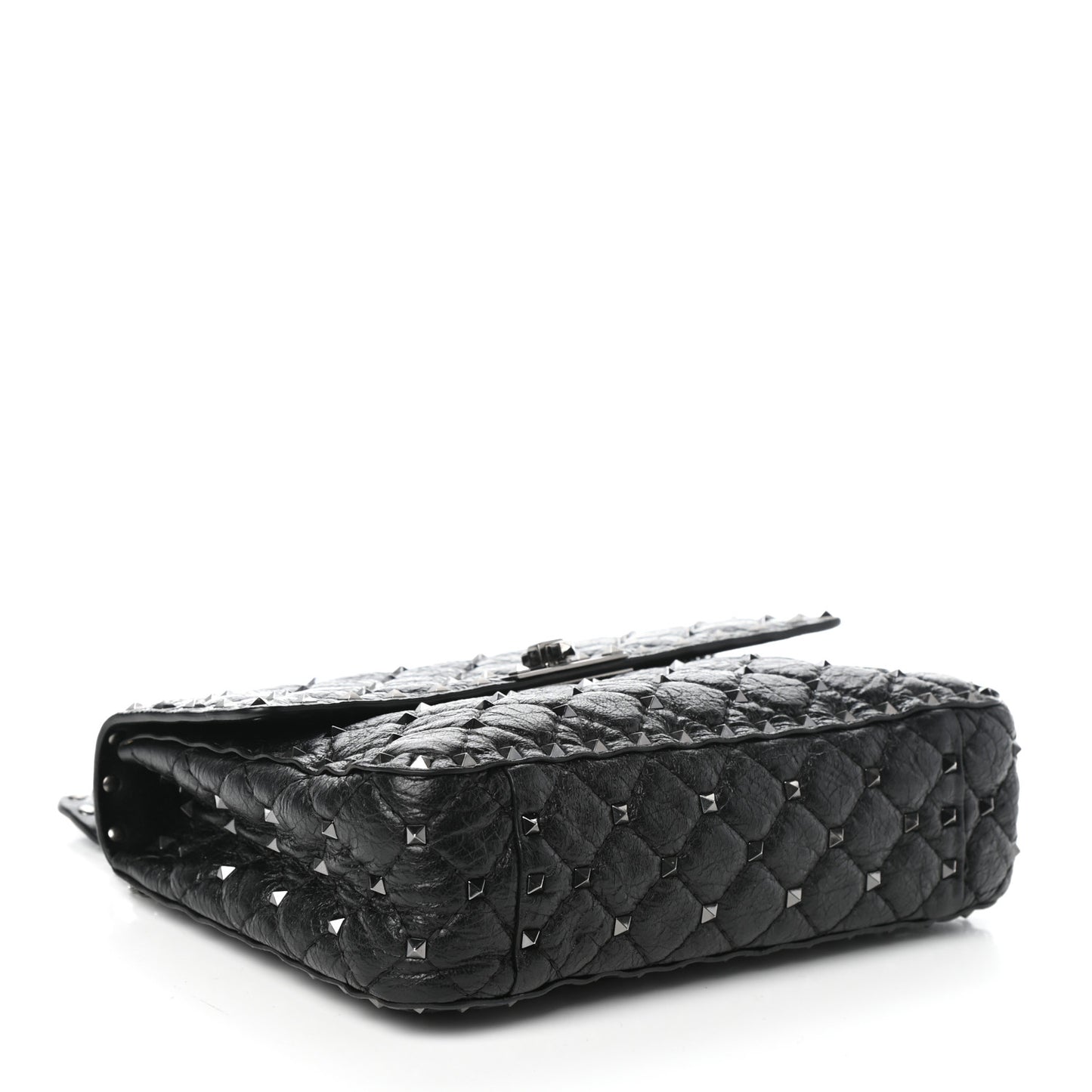 Craquele Nappa Medium Rockstud Spike Shoulder Bag Black