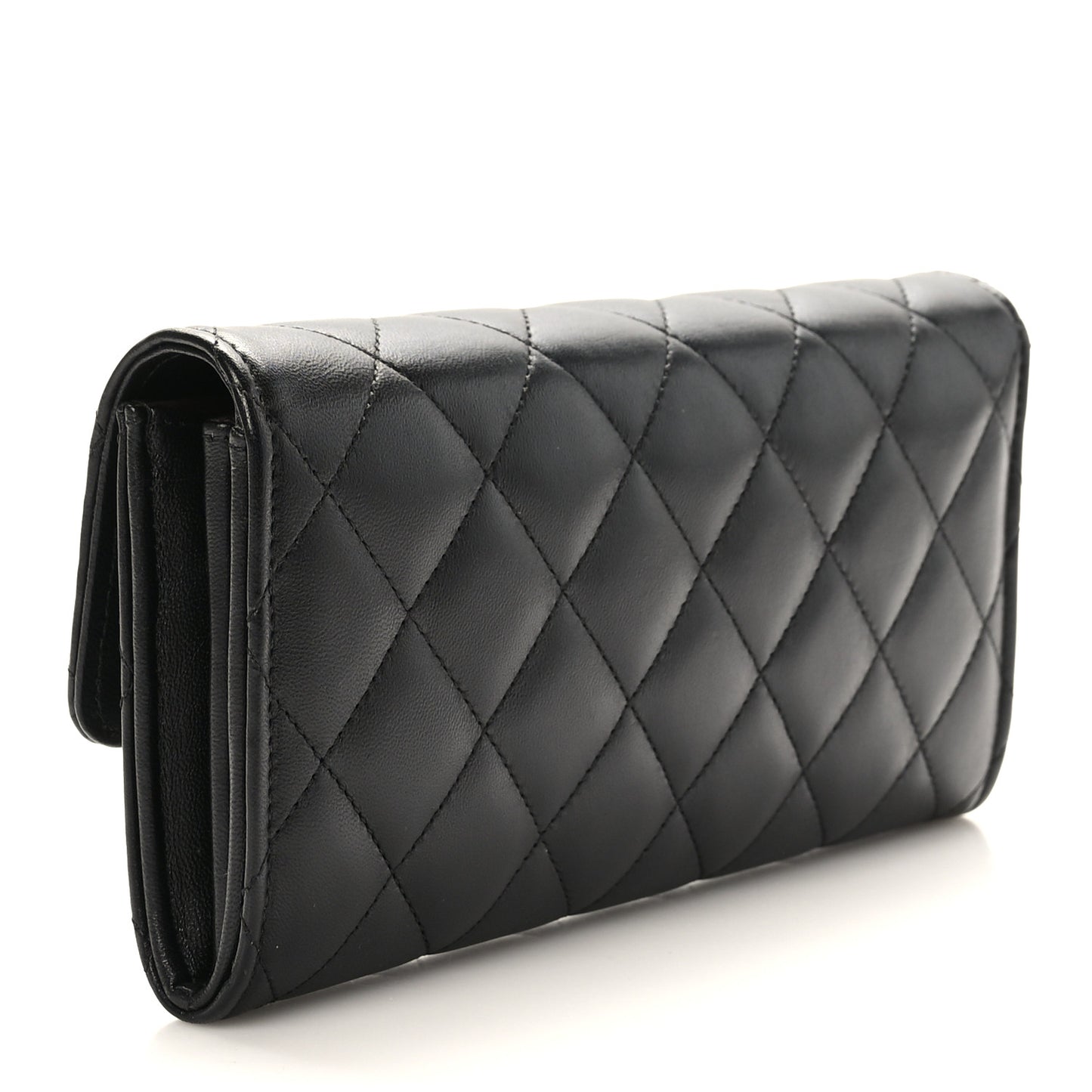 Lambskin Quilted Large Gusset Flap Wallet Black