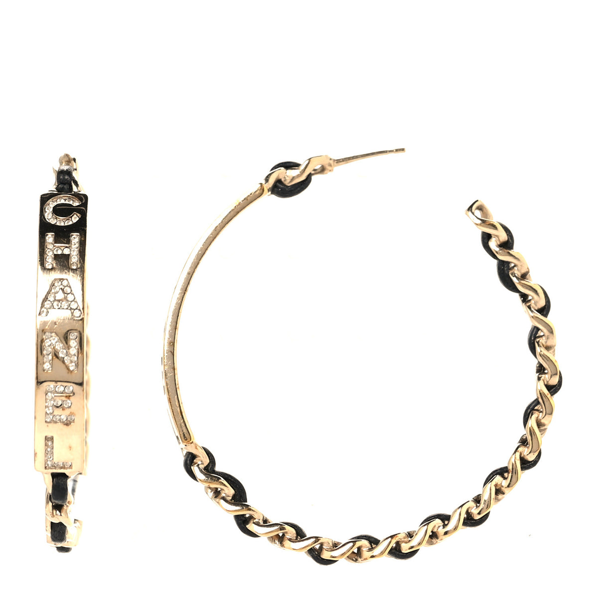 Metal Lambskin Crystal Sergeant Chanel Hoop Earrings Gold