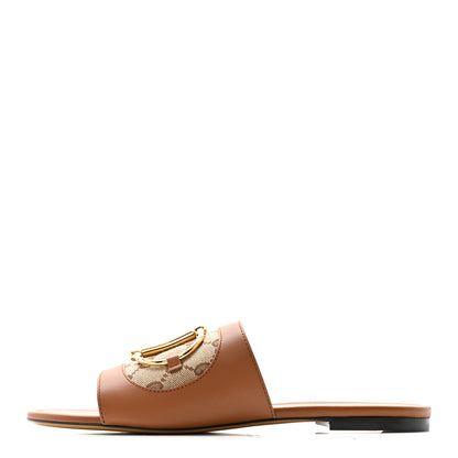 Gucci Calfskin Monogram Horsebit Womens Slide Sandals 39 Beige Ebony Sundial 1 of 10