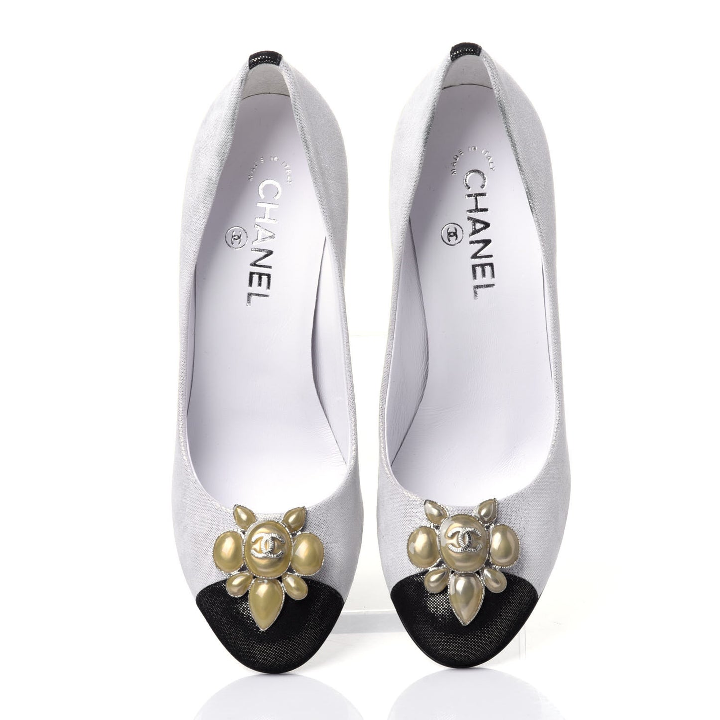 Metallic Fabric Jewel Cap Toe Pumps 39.5 Silver Black