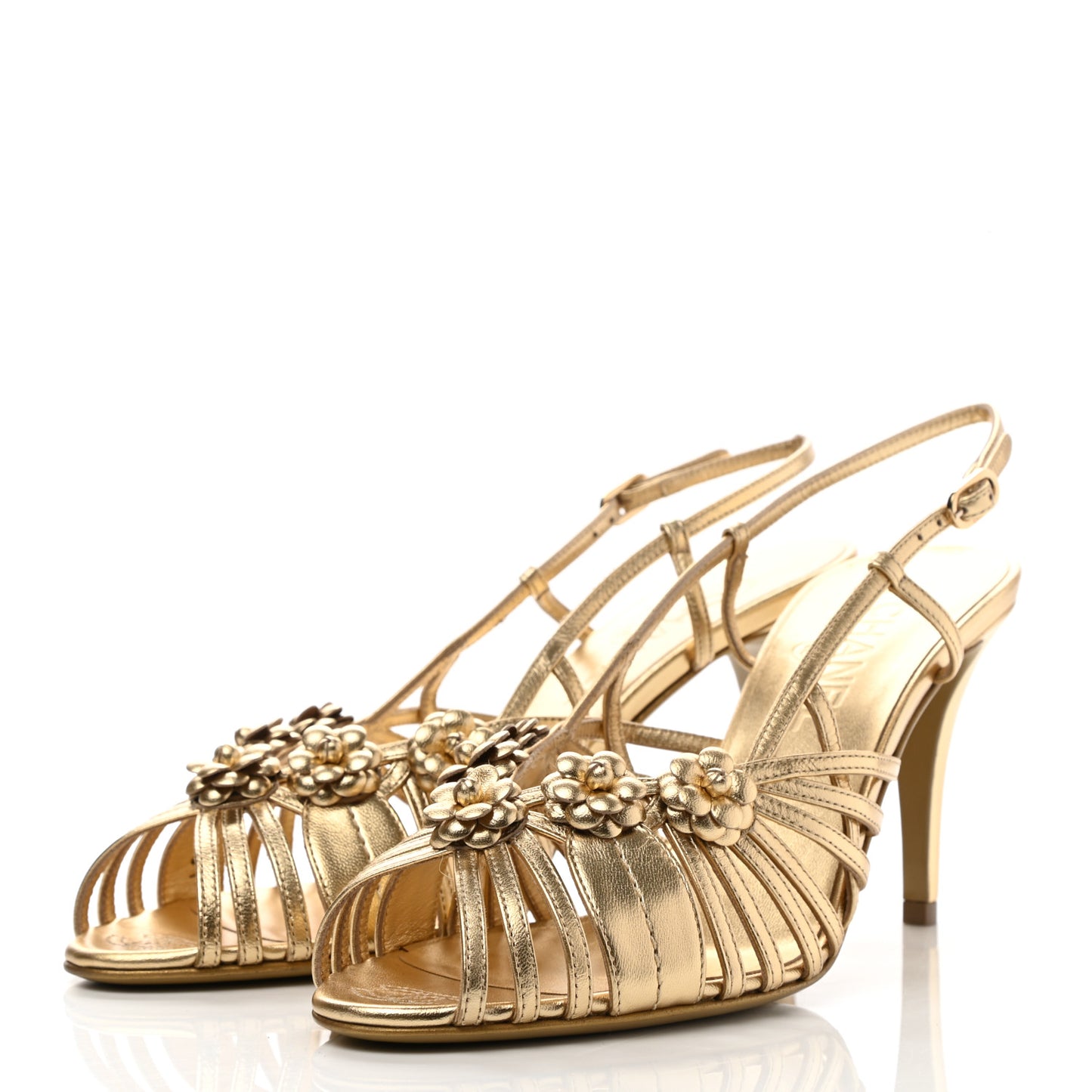 Laminated Lambskin Camellia Sandals 40 Gold